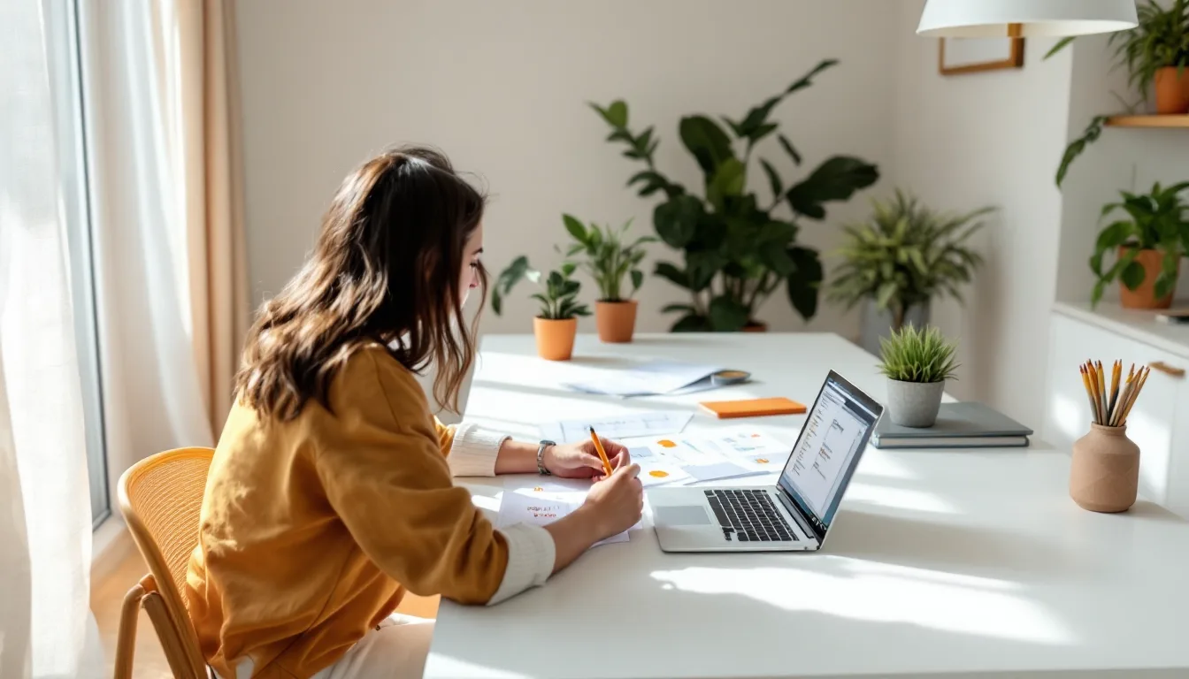 Two reviewers at a long white table marking up printed app screenshots in a bright studio